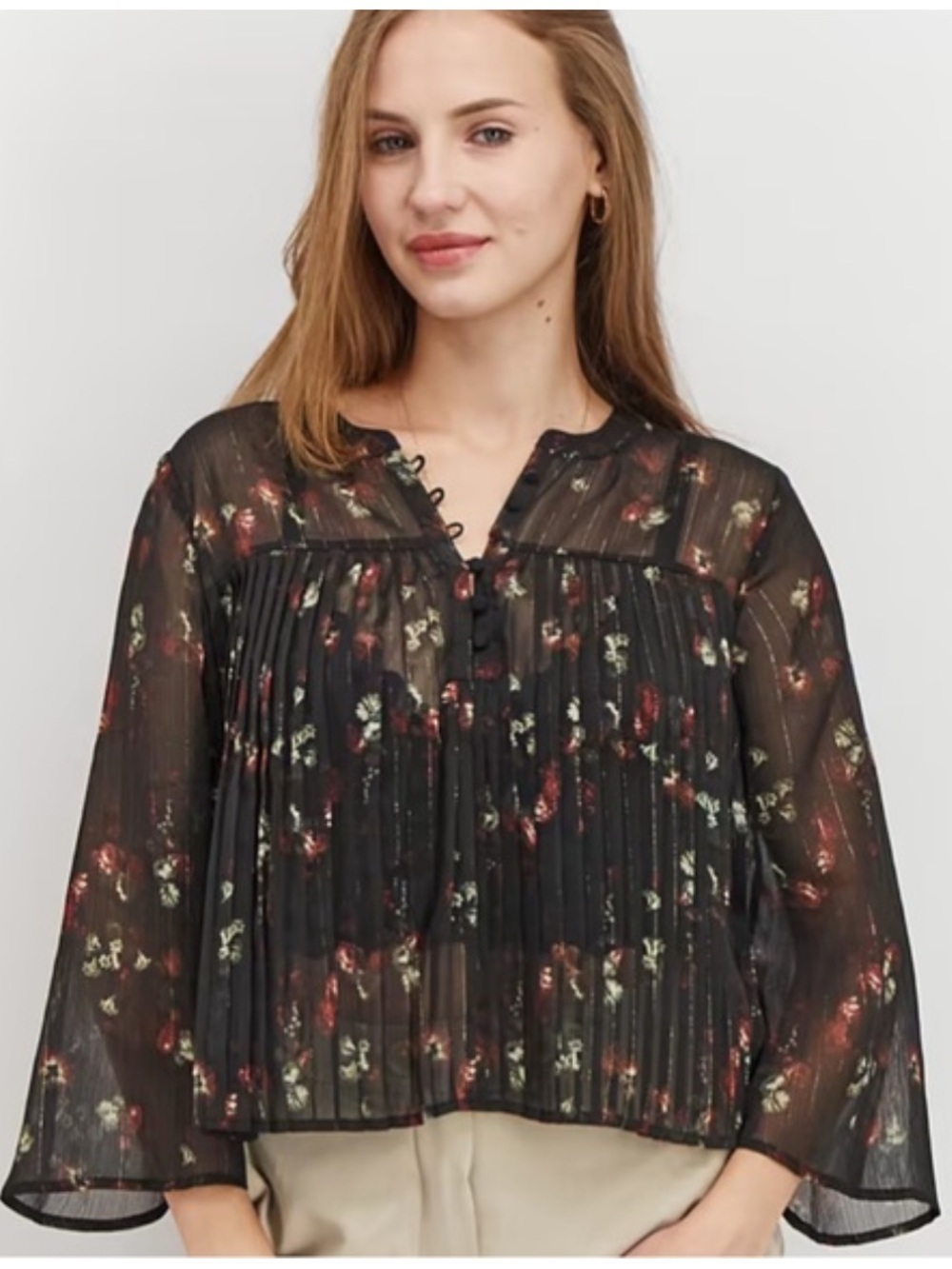 Avec Le Filles Cali Black Floral Metallic Pleated Bell Sleeve Sheer Top Size XS